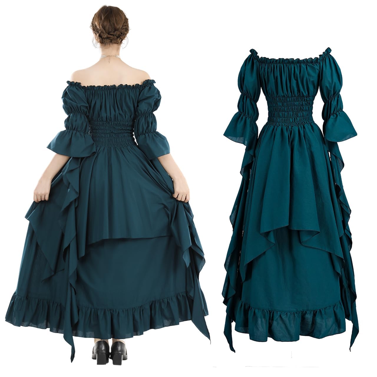 Fiamll Victorian Dress Renaissance Costume Women Gothic Witch Dress Medieval Maxi Dress Ladies Wedding Dress (Peacock Green L/XL)