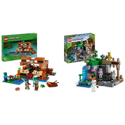LEGO Minecraft The Frog House, toy house with figures incl. Zombie & Minecraft The Skeleton Dungeon, set with caves, skeleton figures, enemy creatures, and accessories, toy for kids 21189