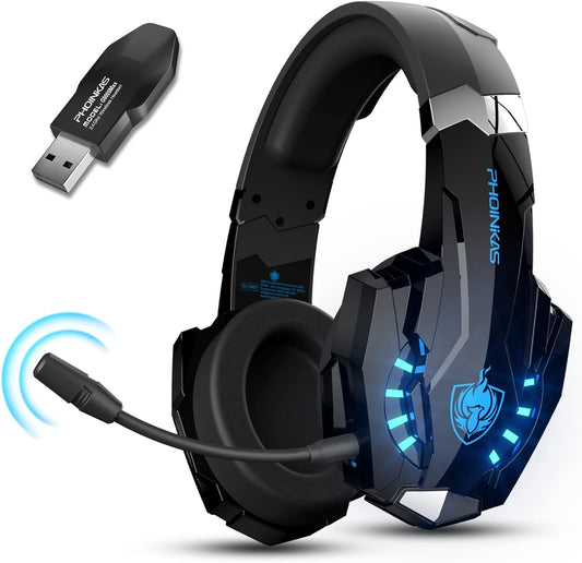 PHOINIKAS PS5 Wireless Headset, 2.4G Gaming Headphones for PC PS4 Switch Mac, Foldable Surround Sound Noise Cancelling Gamer Headset with microphone, Over 50 hours of battery life (Blue)