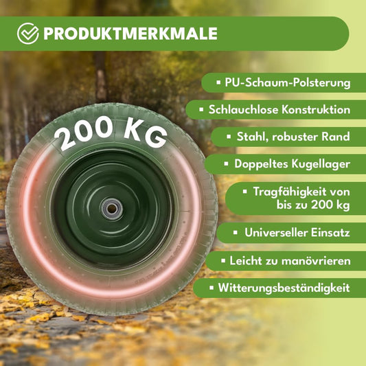 KRUMAD wheelbarrow wheel, puncture-proof, maintenance-free, steel rim, double ball bearings, includes axle, spare wheel for wheelbarrow & transport carts, 4.80/4.00-8, 200 kg load capacity, dark green (PU foam)