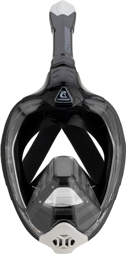 CRESSI Bali Full Face Mask Black/Grey S/M - Diving mask with ultra clear polycarbonate lens, 100% silicone, snorkel float valve, camera mount, black/grey, S/M size, for adults.