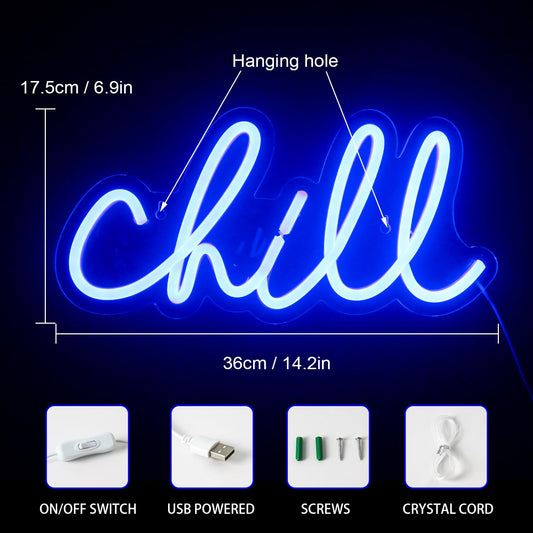 Chill neon wall light sign for wall decor. Neon light for bedroom, bar, hotel, game room.