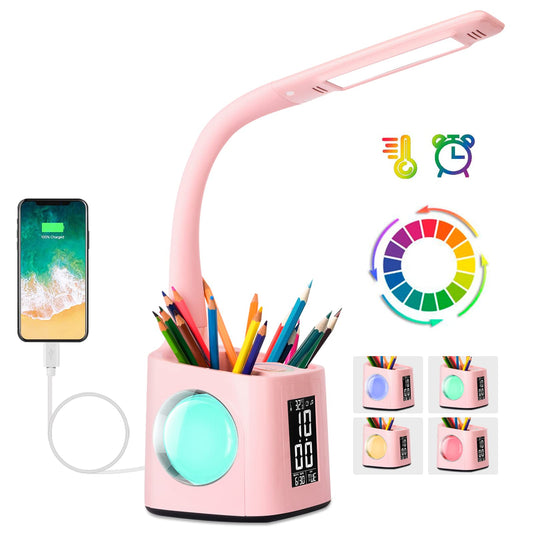 Wanjiaone Kids LED Desk Lamp, Dimmable Table Lamp with Clock, Bedside Table Lamp with 256 RGB Night Light/Pen Holder/USB Port/3 Brightness Levels/Alarm Clock for Study, Office