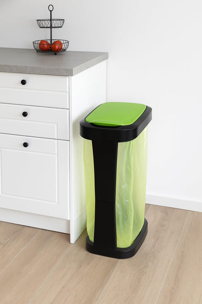 Yellow Bag Stand with swinging lid, sturdy kitchen trash can for 70-120L garbage bags, perfect for collecting deposit bottles, high-quality trash bag stand for household and commercial use.