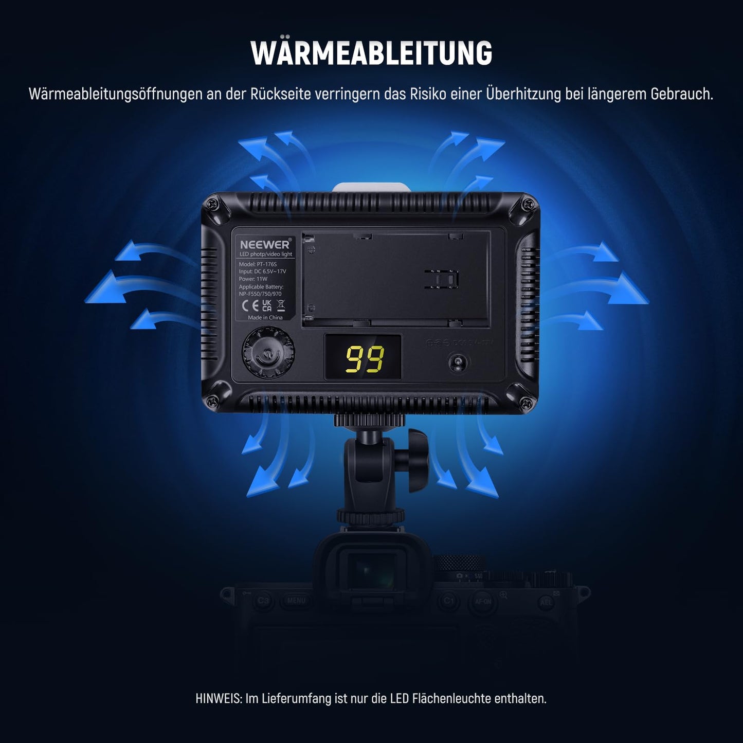 NEEWER 176 LED Video Light Set: Dimmable video light panel, streaming light with 2200mAh Li-Ion battery, key light with USB charger and carrying bag for product and portrait lighting camera photography.