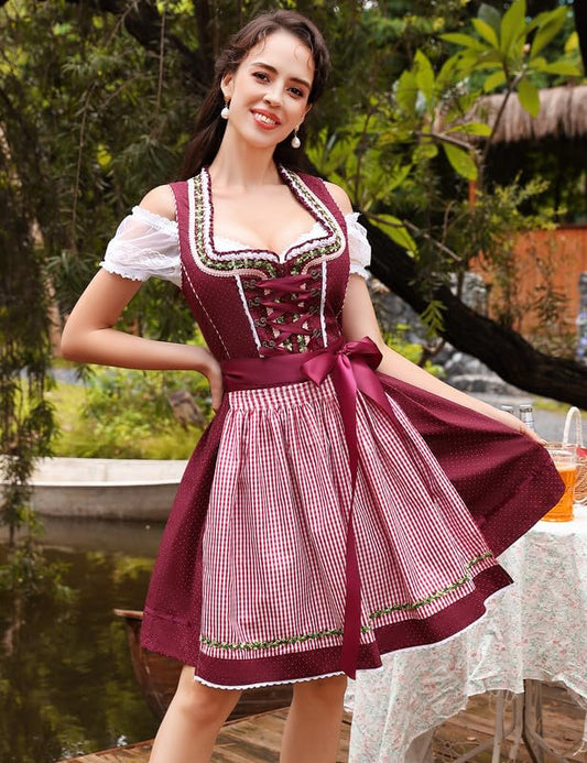 Clearlove dirndl for women midi 3-piece traditional costume for women, traditional skirt, traditional fashion dress, dirndl blouse for Oktoberfest (wine red, size 36)