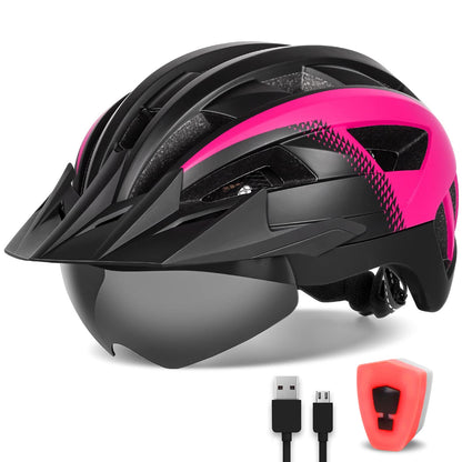 FUNWICT Bike Helmet with Visor for Men Women, Lightweight Bike Helmet with Magnetic Goggles and USB Charging LED Light, Stylish Mountain Bike Helmet (L: 57-61 cm, Black Pink)