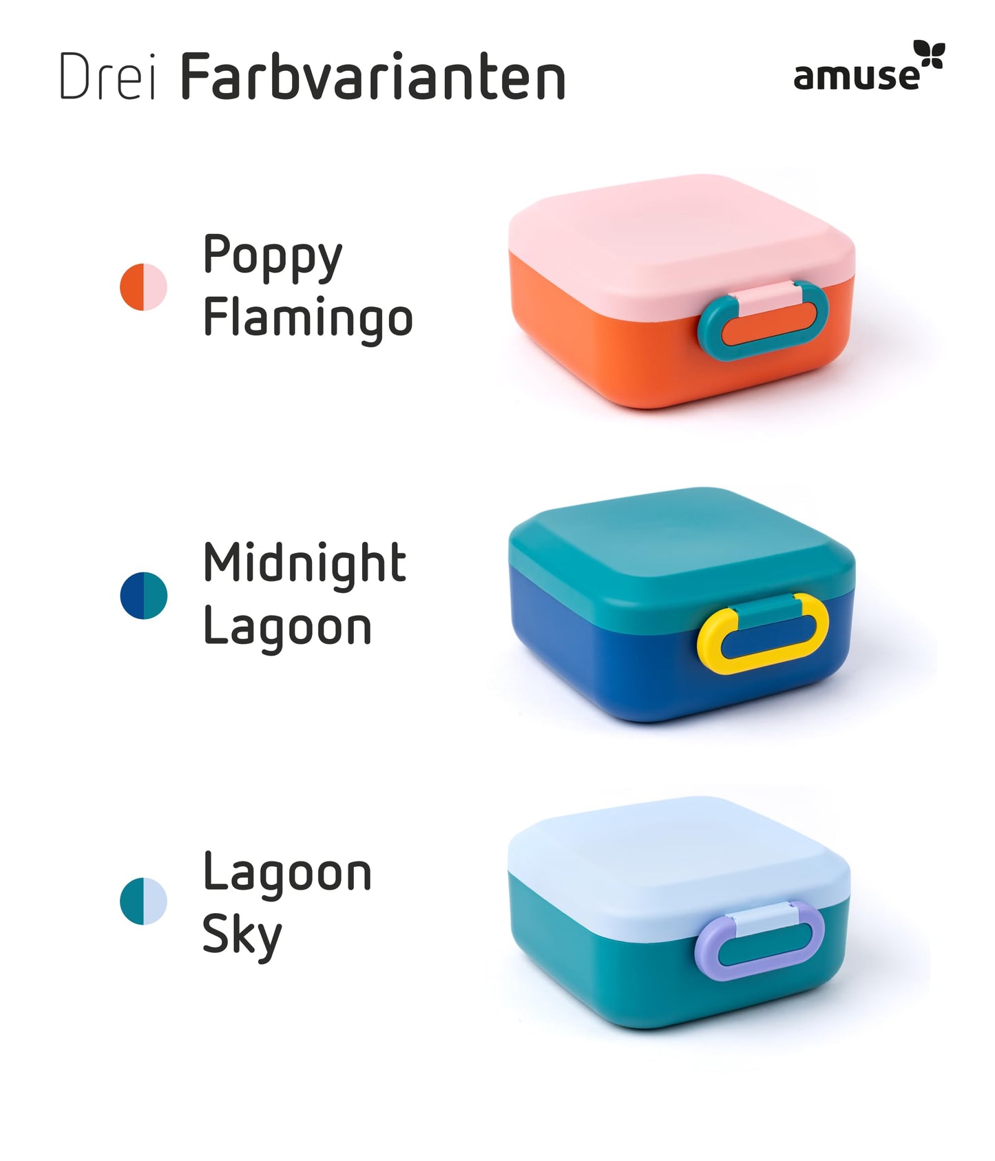 Amuse Rikko lunchbox set for kids with compartments. Bento box includes 2 snack boxes with compartments. Colorful lunchbox ideal for sandwiches, snacks, and meals on the go. Perfect for school lunches and picnics.