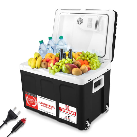 First Austria TZS - 45L electric cooler box with 12V and 230V connection for car and socket. Thermoelectric cool box cools and warms, with wheels for easy transport. Ideal for camping, festivals, and travel. Black color.