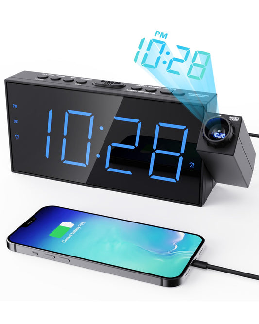 ROCAM alarm clock with projection, projection clock with USB charger, battery backup, 350° projector & dimmer, large LED display, 12/24H, DST, snooze, digital clock for kids