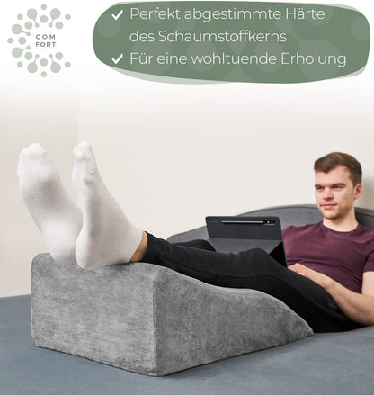 Ergonomic leg wedge pillow for elevating legs - leg rest cushion for raising legs - leg elevation pillow - wedge pillow support for legs & knees ideal as lymphatic and vein support for both legs.