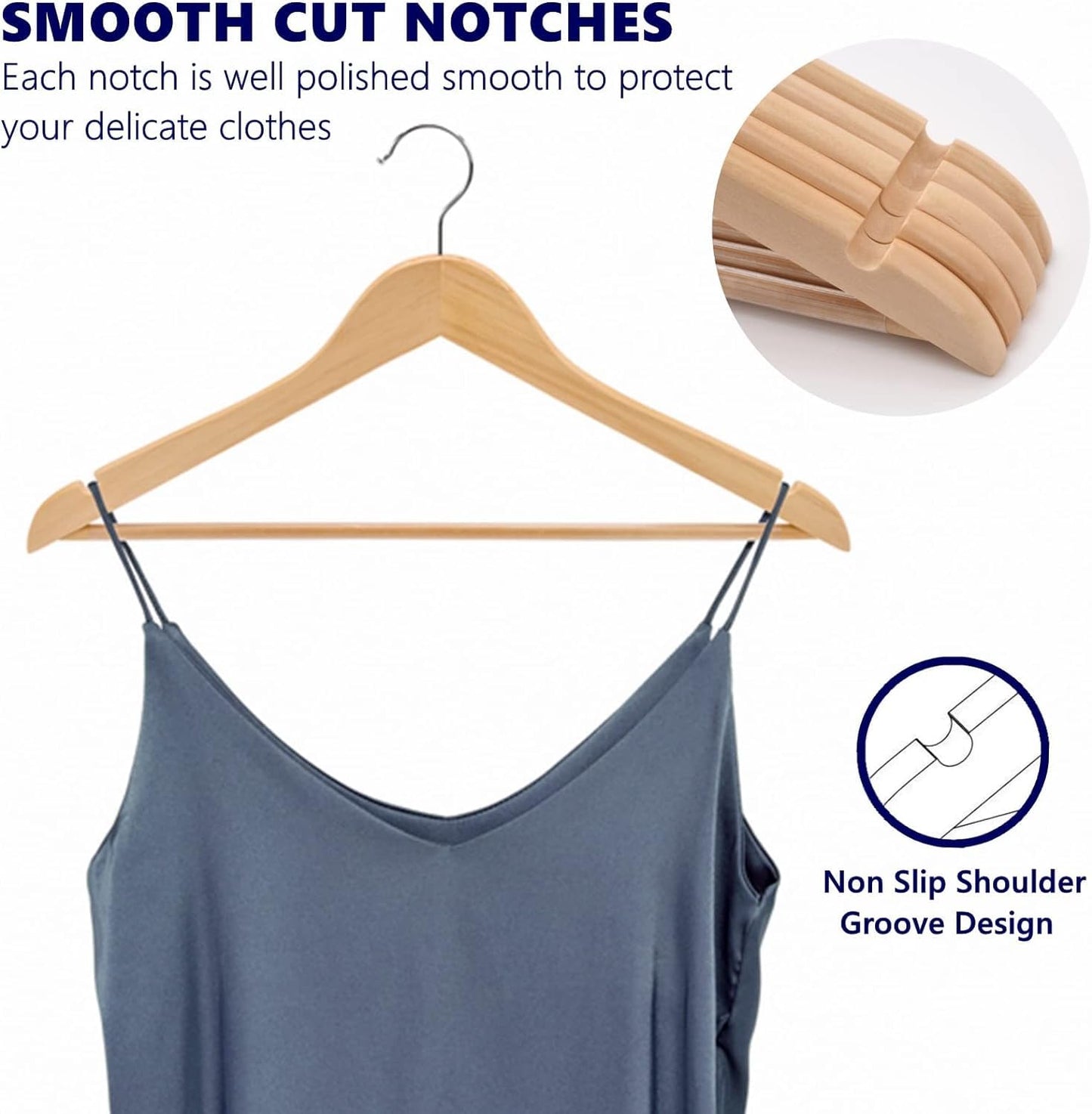 Amber Home 20 Pieces 44.5cm Natural Wood Hangers with Bar and Notch, Sturdy Organizer for T-shirt Shirt Suit Coat Dress Wedding Top