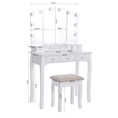 ANWBROAD Vanity Table with Lighted Mirror Tri-Folding Makeup Vanity Set 10 LED Bulbs 5 Drawers 2 DIY Dividers Cushioned Stool Removable Organizer White BDT05W