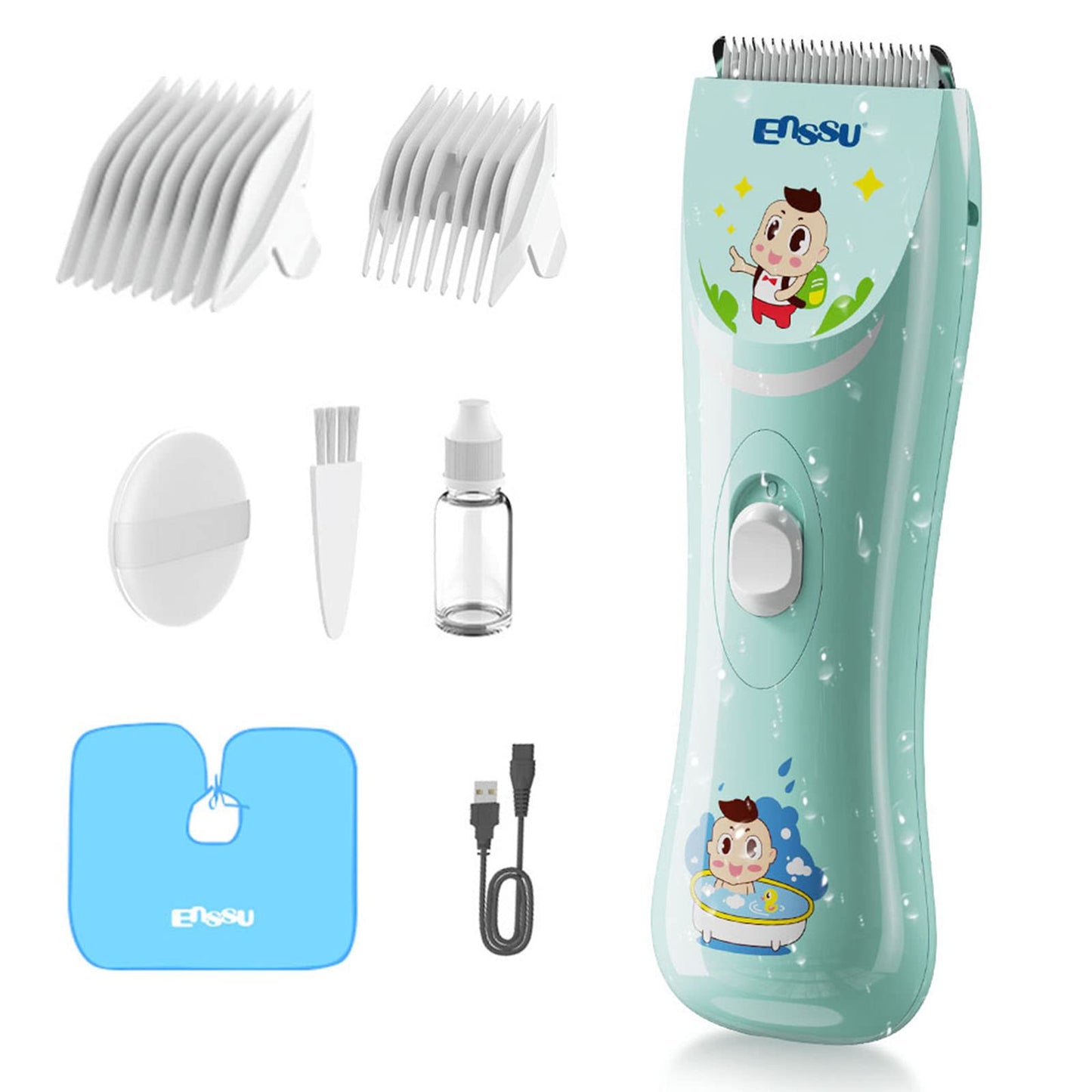 ENSSU Electronic Baby Hair Clipper, Waterproof Kids Quiet Hair Trimmer with 2 Guide Combs, Cordless Children's Haircutting with Safe Ceramic Blades.