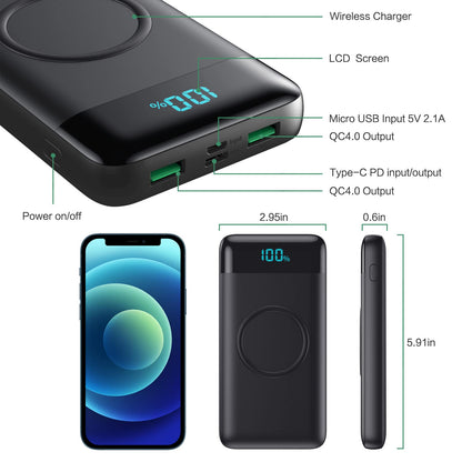 AXNEB Wireless Powerbank Fast Charging 25W PD3.0+QC4.0, 15W Wireless Charger 26,800mAh Powerbank 4 Outputs USB C External Battery with LCD Display Compatible with iPhone Huawei Samsung S20 iPad Oppo Xiaomi