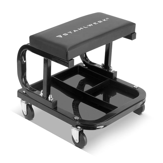 STEELWORK workshop stool WRS-35 ST with 136 kg load capacity Workshop seat | Workshop chair | Rolling stool | Work stool | Workshop rolling seat with smooth-running swivel casters and convenient storage trays