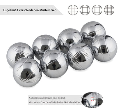 Bocce balls, petanque balls with 8 metal, 2 wood balls, 2 measuring devices, 1 boules ball magnet attachment & luxurious carry bag. Perfect for outdoor play in the garden or at the beach.