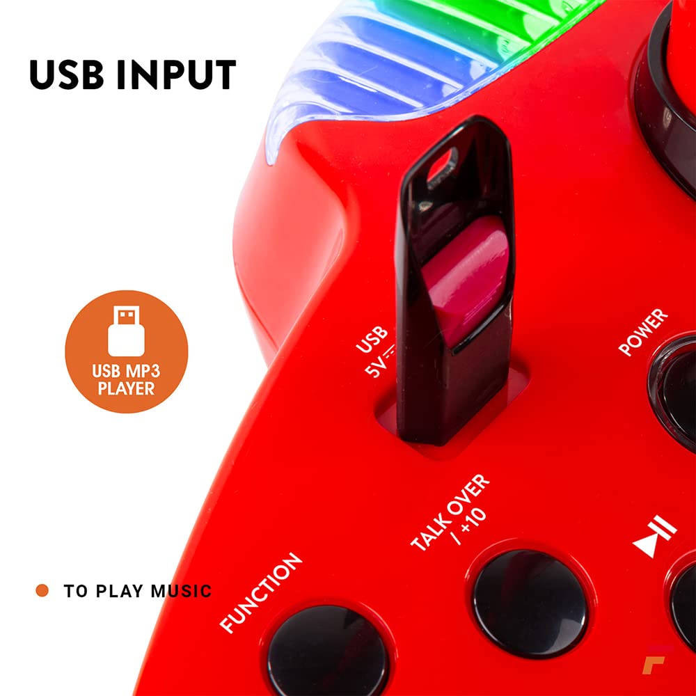 Fenton karaoke system with 2 microphones, stage mat with LEDs, Bluetooth, MP3 player, USB, karaoke machine with disco light effects - red suitable for all age groups with 2 handheld microphones and tablet holder.