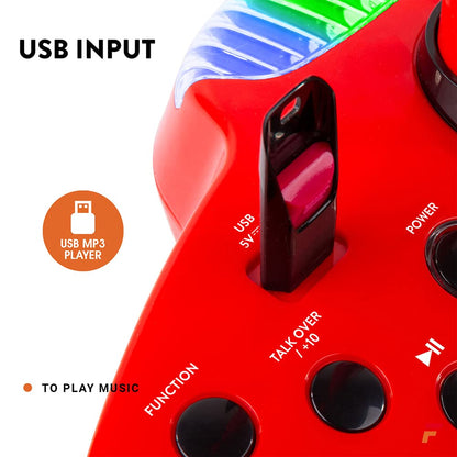 Fenton karaoke system with 2 microphones, stage mat with LEDs, Bluetooth, MP3 player, USB, karaoke machine with disco light effects - red suitable for all age groups with 2 handheld microphones and tablet holder.