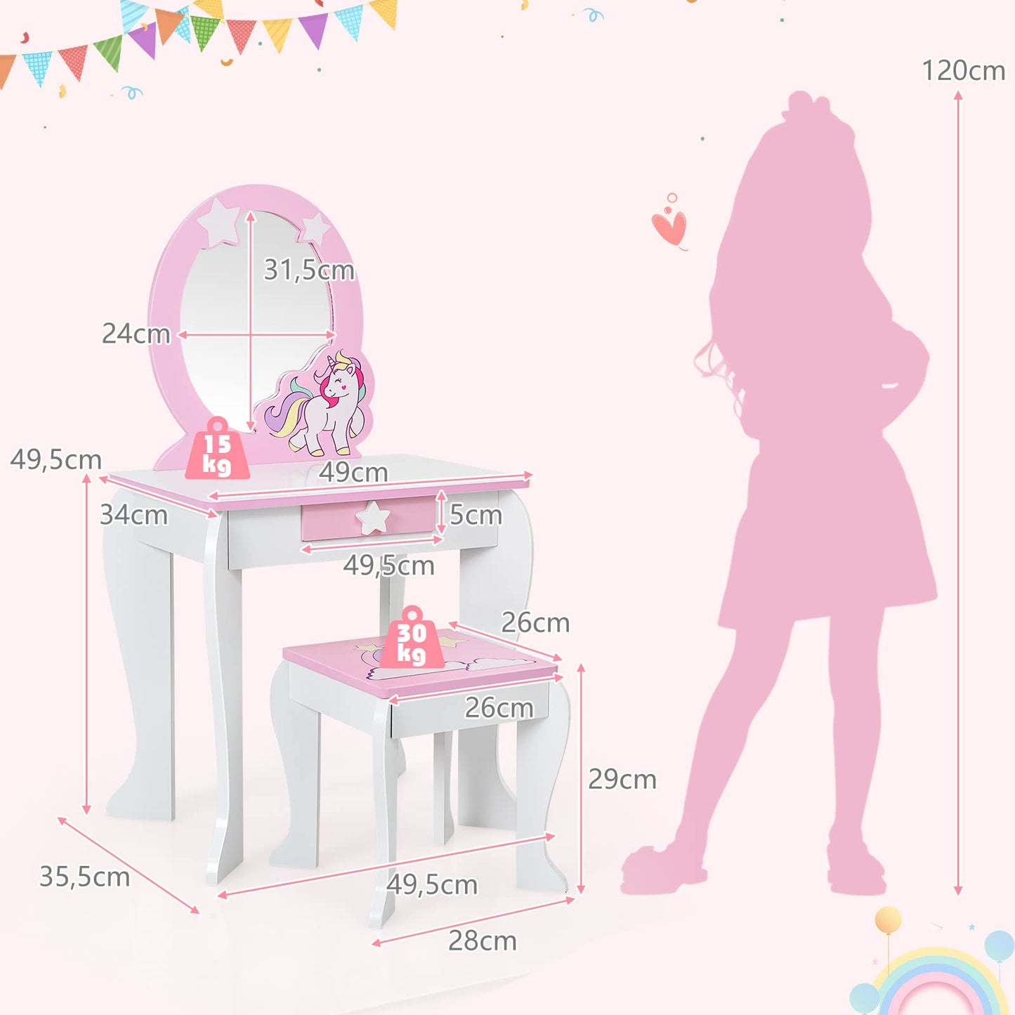 DREAMADE Kids Vanity Set with Stool and Removable Mirror, Princess Vanity Table for Kids, Dressing Table with Drawer, Kids Vanity for Girls (White)