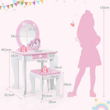 DREAMADE Kids Vanity Set with Stool and Removable Mirror, Princess Vanity Table for Kids, Dressing Table with Drawer, Kids Vanity for Girls (White)