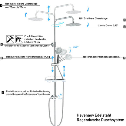 Hevenaov shower system without faucet in chrome, rain shower head without faucet, stainless steel shower set without faucet, 20 cm round rain shower.