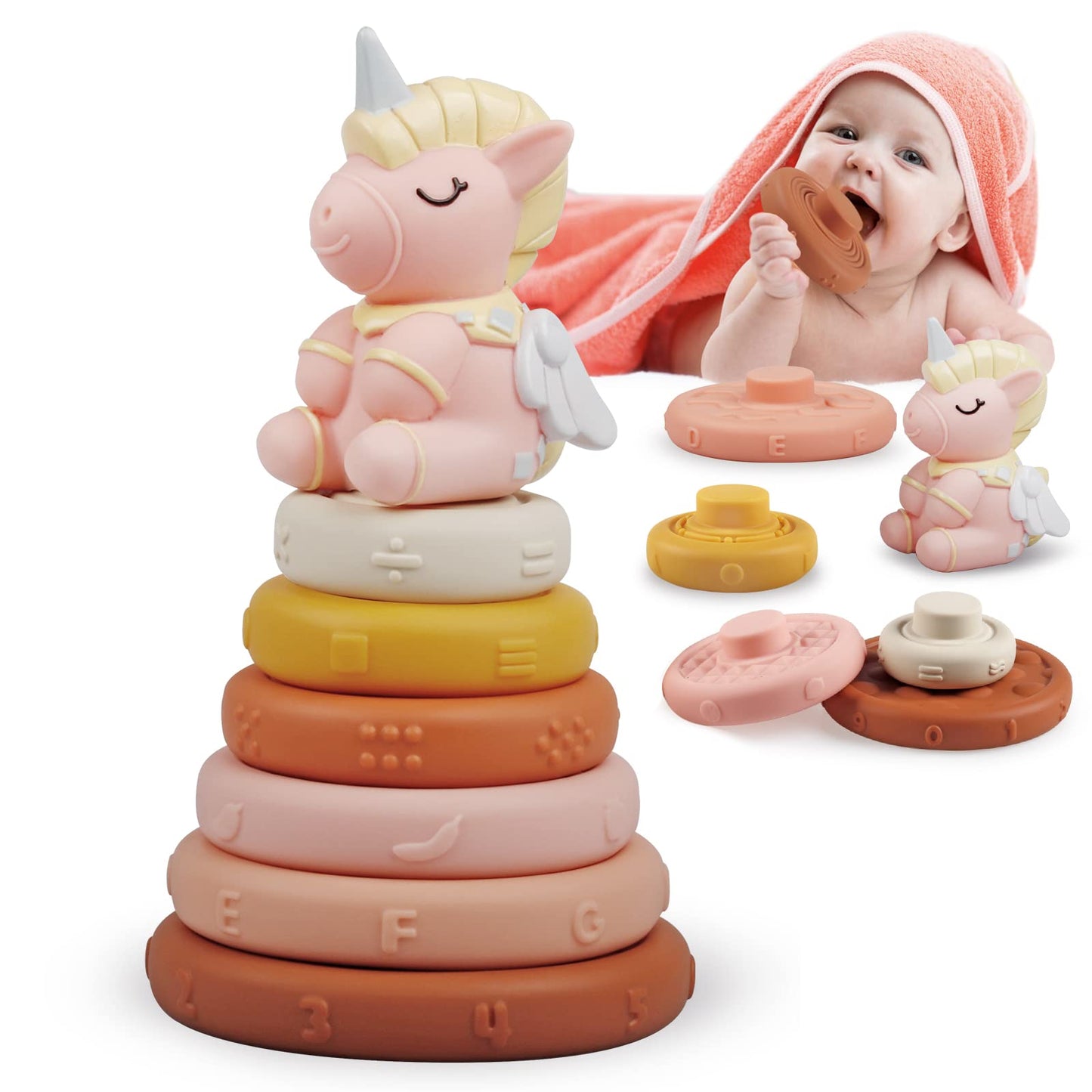 Because of baby toys for 6 to 12 months, Montessori toys for babies, sensory baby toys, 6 in 1 motor skills toys, stacking toys with blocks and rings, matching eggs.