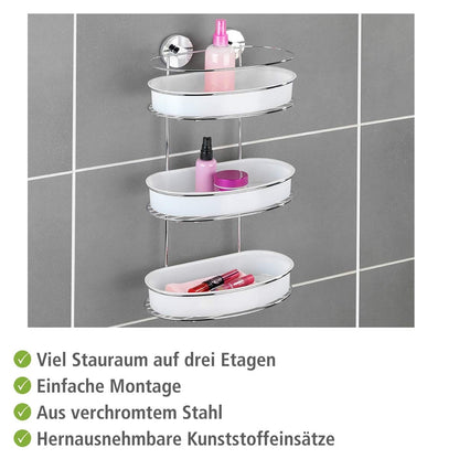 WENKO Vacuum-Loc wall shelf 3 tiers Milazzo, wall shelf without drilling, shower shelf, shelf for bathroom and kitchen, chromed metal with white plastic insert, 28 x 47.5 x 15 cm