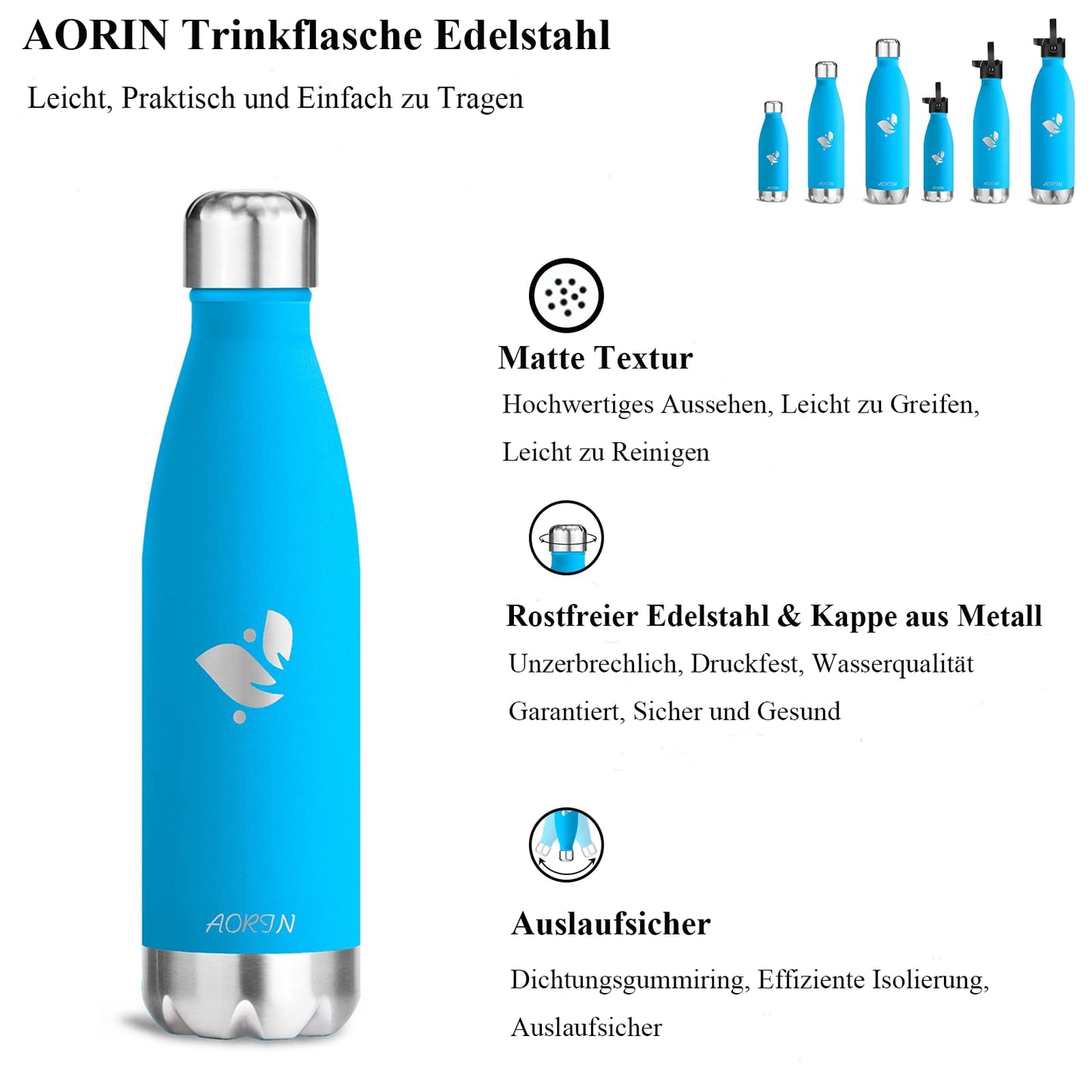 AORIN Vacuum Insulated Water Bottle - 500ml - BPA-Free, 24 Hrs Cold & 12 Hrs Hot, Ideal Thermos Bottle for Kids, School, Sports, Outdoor, Bike, Fitness