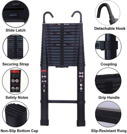 6.2m/20.34ft telescoping ladder with detachable roof hooks Multi-purpose folding black ladder, aluminum high telescoping ladder extension Foldable ladder, 330lb capacity, EN131 certified