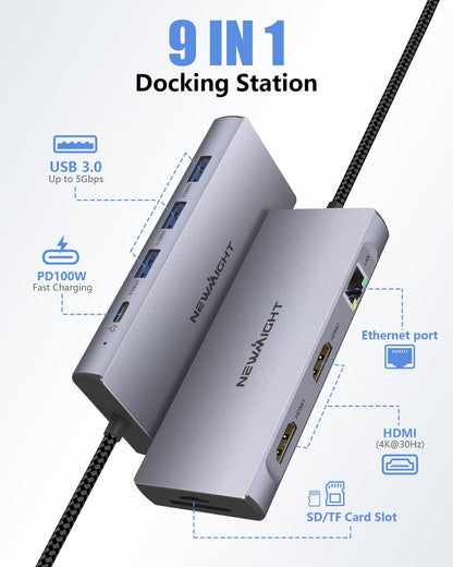 Laptop Docking Station Dual Monitor, Newmight Dual HDMI Adapter for 2 monitors with 2 HDMI 4K, 1 Gbps Ethernet, PD 100W Charging, 3 USB 3.0, SD/TF Reader, USB C Docking Station for HP/Dell.
