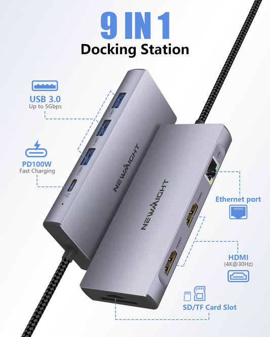 Laptop Docking Station Dual Monitor, Newmight Dual HDMI Adapter for 2 monitors with 2 HDMI 4K, 1 Gbps Ethernet, PD 100W Charging, 3 USB 3.0, SD/TF Reader, USB C Docking Station for HP/Dell.