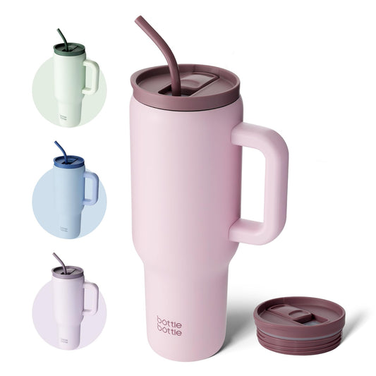 BOTTLE BOTTLE 40oz (1.1L) stainless steel coffee mug with handle & straw, BPA-free, insulated thermos cup for travel, office, school & sports, gift idea for coffee and tea lovers (Pink)