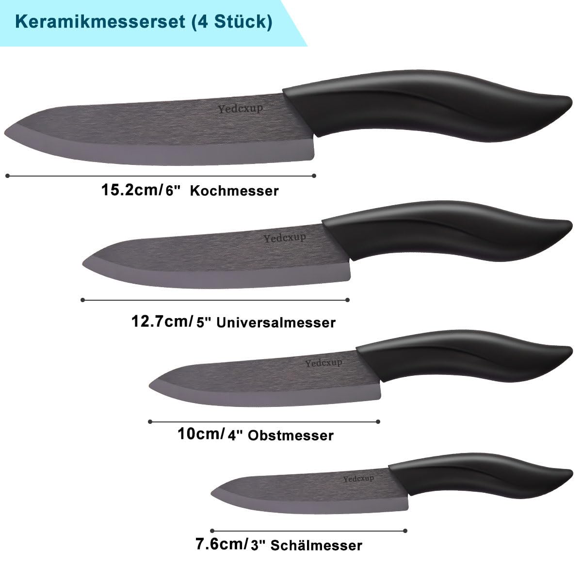 Ceramic Knife Set 4 - Very sharp vegetable knife Good handling small kitchen knife, Contains a 7.6cm paring knife, a 10cm fruit knife, a 12.7cm utility knife, a 15.2cm chef's knife (Black)