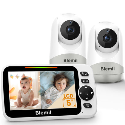 Baby monitor with 2 cameras and audio, 30-hour battery, 5" large split-screen video baby monitor with 2 cameras and audio, remote pan/tilt/zoom, two-way talk, room temperature, auto night vision.