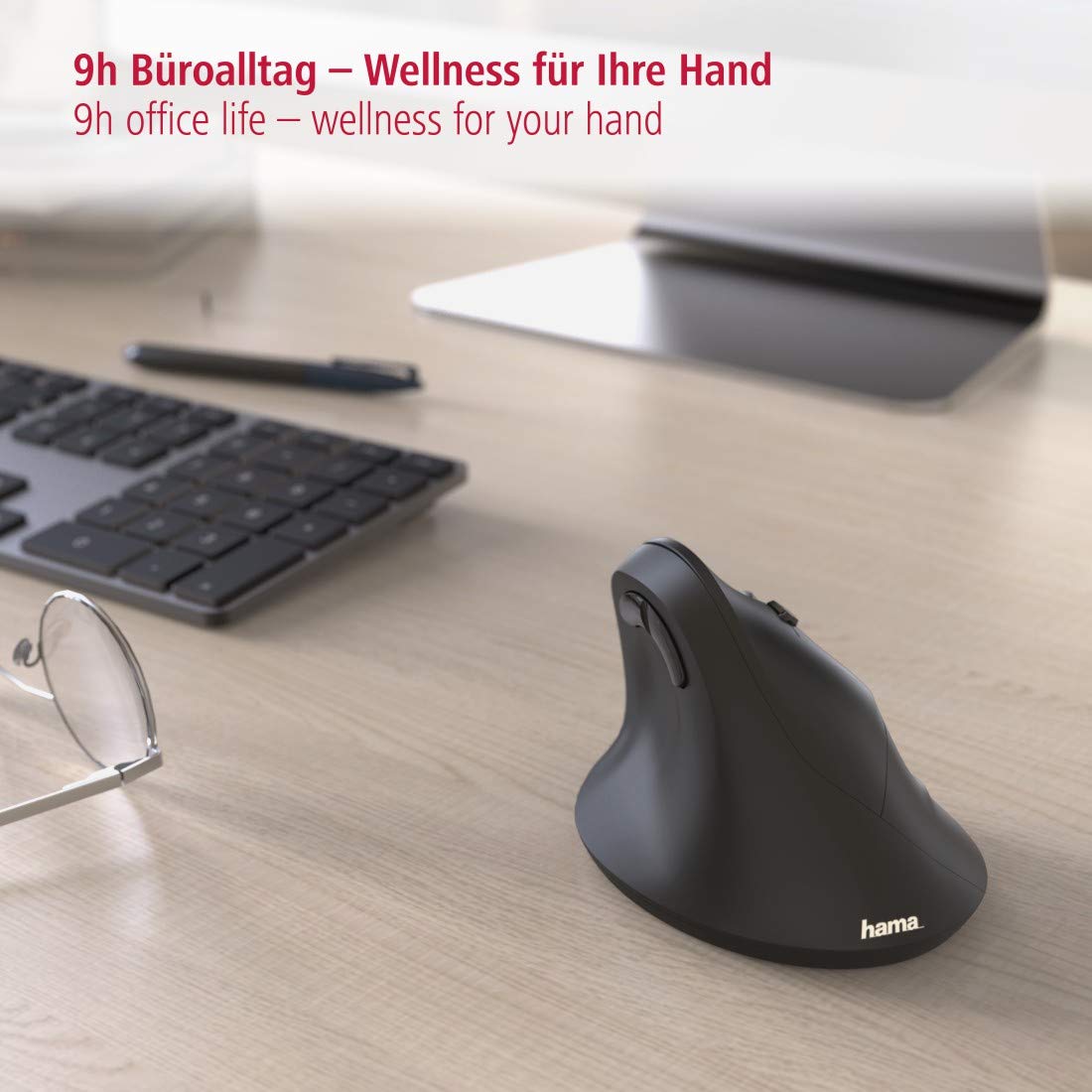 Hama wireless mouse ergonomic (Vertical mouse without cable for right-handers, wireless optical sensor mouse 1000/1400/1800dpi) black 00182699