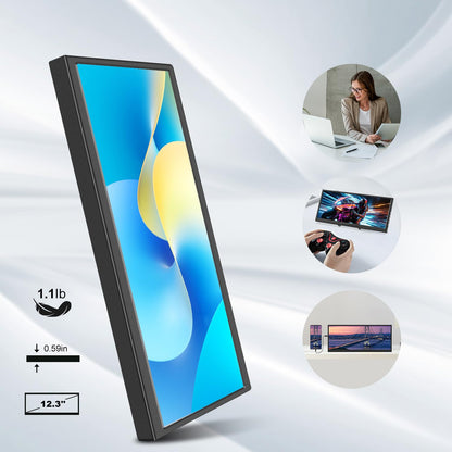 12.3-inch Portable Touchscreen Secondary Monitor, HDMI, USB-C, 1920*720 IPS Stretched Bar LCD Portable Travel Touch Screen for Laptop Computer Aida64 GPU CPU RAM Monitoring