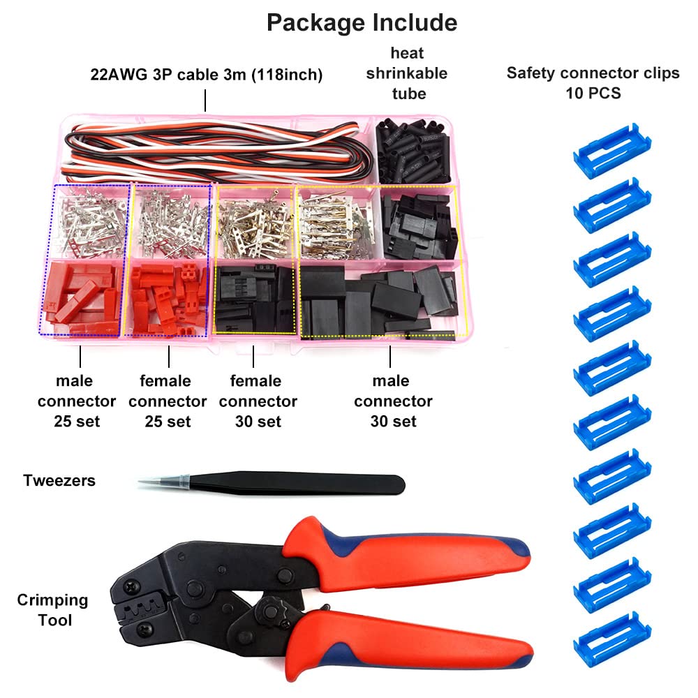 55 sets of servo connectors, male, female, crimp pin cable set with crimp tool, compatible with JR JST SYP Futaba for Hitec Spektrum RC.