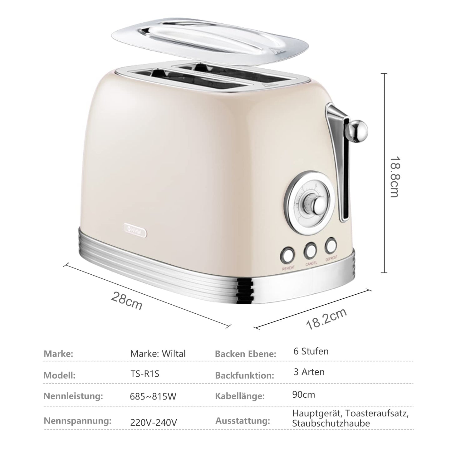 Wiltal Toaster 2 slices, retro design, with bun rack, stainless steel lid, preheat, defrost, cancel functions, countdown timer display, Quick-Toaster (cream)