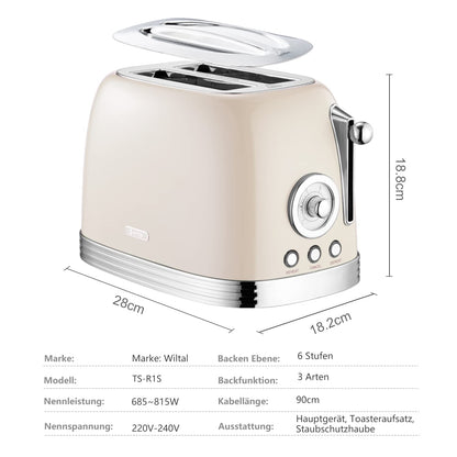 Wiltal Toaster 2 slices, retro design, with bun rack, stainless steel lid, preheat, defrost, cancel functions, countdown timer display, Quick-Toaster (cream)