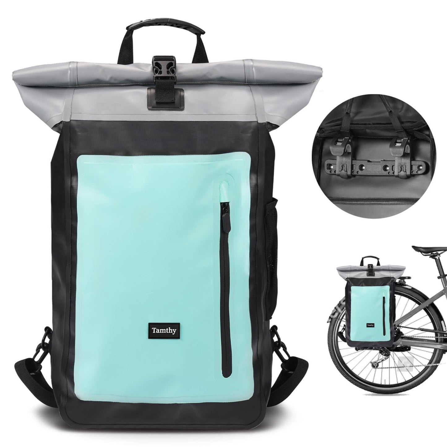 Tamthy bike bags for luggage carrier 100% waterproof with laptop compartment Multifunctional 2 in 1 bike bag backpack & luggage carrier bag rear for cycling, commuting, traveling (Mint, 28L)