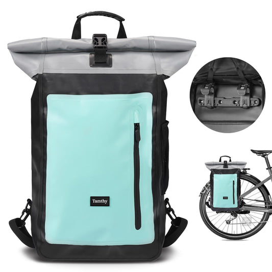 Tamthy bike bags for luggage carrier 100% waterproof with laptop compartment Multifunctional 2 in 1 bike bag backpack & luggage carrier bag rear for cycling, commuting, traveling (Mint, 28L)