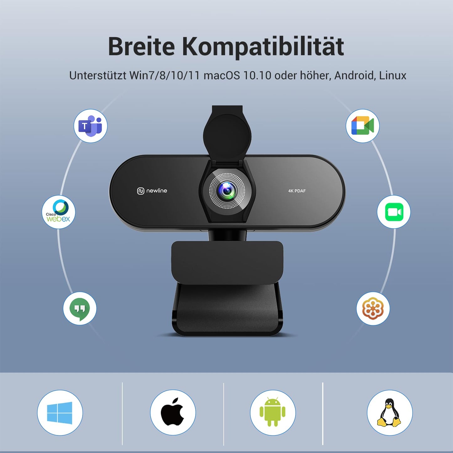 N newline 4k webcam with 2 microphones, 12 megapixels, instant dual PDAF/CDAF autofocus, 1080p@60FPS, clear stereo sound, automatic light correction, USB PC camera for Windows MacOS streaming.