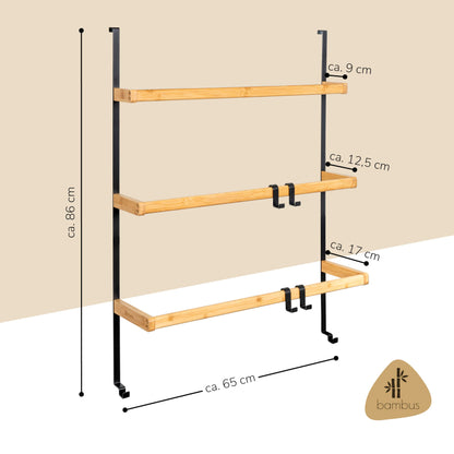 eluno Over-the-Door Hanging Shelf made of metal and bamboo, door towel holder with 3 towel bars, 4 handy hooks, for hanging without drilling (Black)