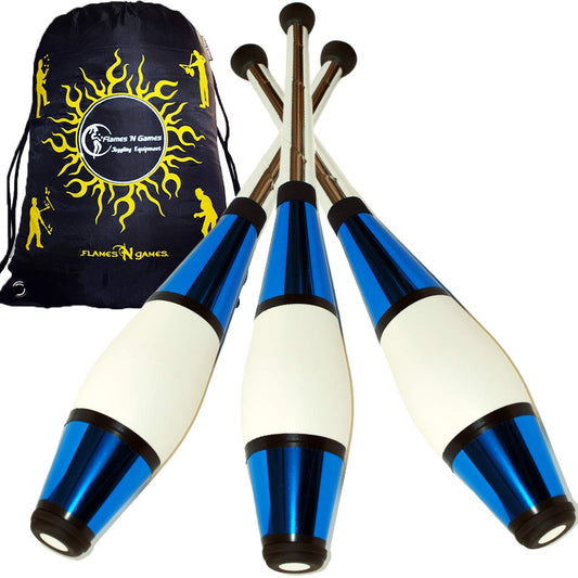 Juggle Dream Euro PRO Juggling Club 3-piece set (Blue) Juggling Clubs Training Set + Flames N Games Travel Bag! Great juggling set for kids & adults!