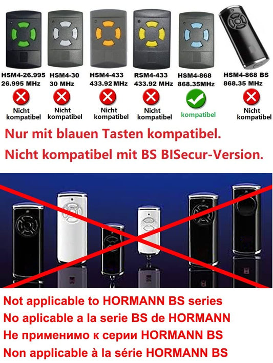 2X Hörmann HSM2 868 / Hörmann HSM4 868 transmitters, remote control, 4-channel 868.30Mhz for garage doors with 4 buttons (Not compatible with Hörmann Bisecur) 3-year warranty.