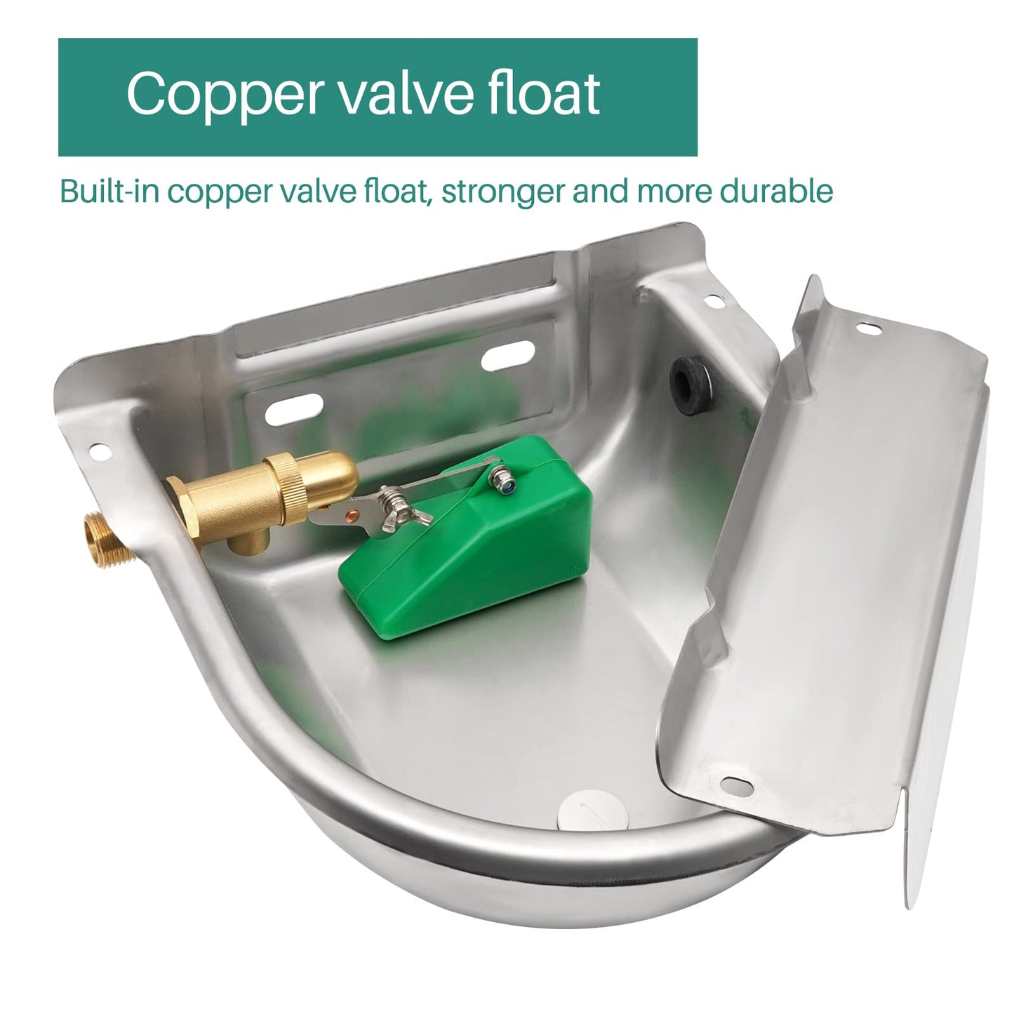 Automatic drinker basin made of stainless steel with 1/2 inch adjustable brass float valve and drainage holes for horses, cows, pigs, goats, sheep, and dog drinkers.