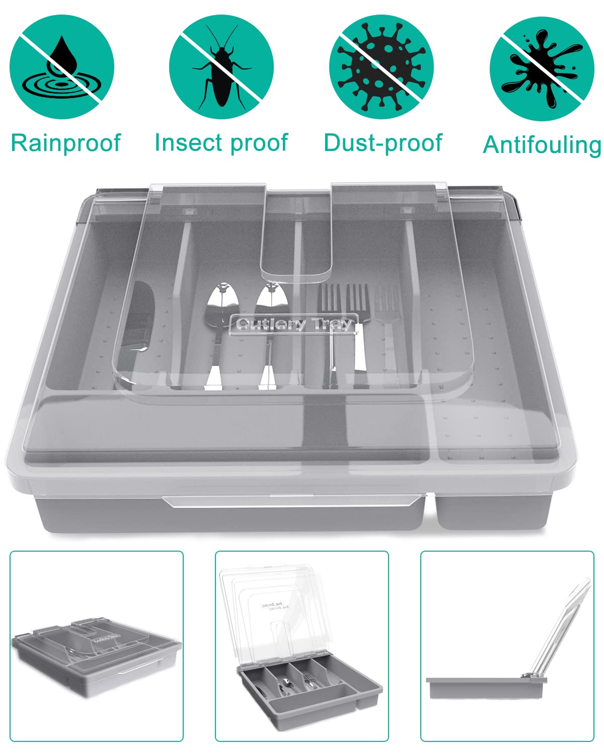HIMAugbo cutlery box with lid, cutlery box for camping, plastic cutlery storage sorting tray for countertop/travel/kitchen board 30 x 30 x 7 cm, gray