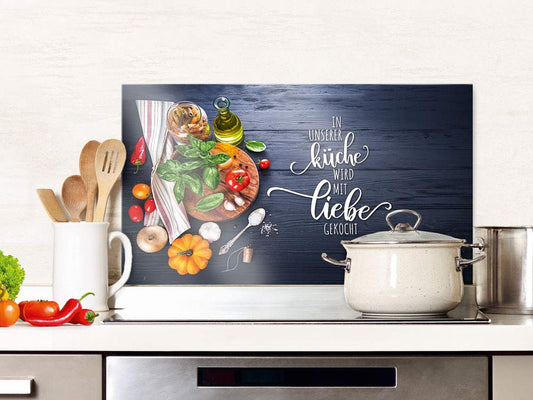 GRAZDesign kitchen glass splashback with the saying "Our kitchen with love", in grey. Backsplash glass for stove and sink, kitchen rear wall glass panel with design, 100x50cm.