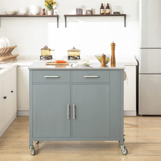 SoBuy kitchen trolley with stainless steel top, rolling cart with side shelf, sideboard, kitchen island, kitchen cabinet & serving cart on wheels, mobile trolley for kitchen organization in gray, 107x94x46 cm FKW108-HG.
